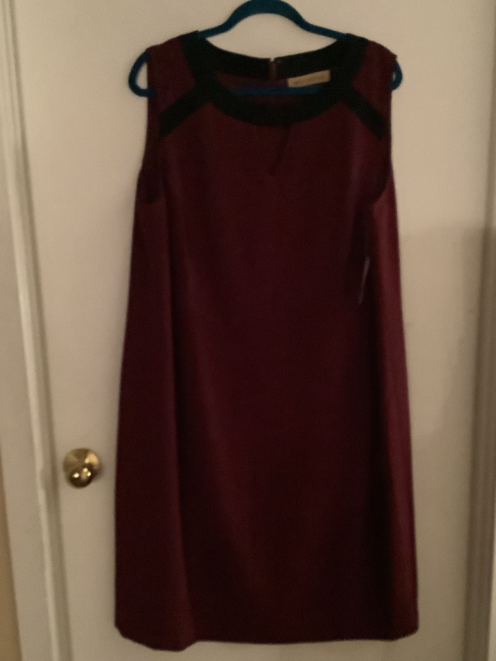 Nipon Boutique Sleeveless Shift Dress in Burgundy with Black Trim